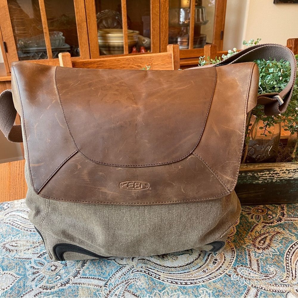 Keen Leather Canvas Laptop Messenger Bag Tan Cotton Briefcase